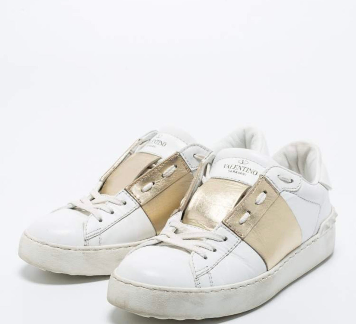 Valentino White/Gold Leather Rockstud Low Top Sneakers