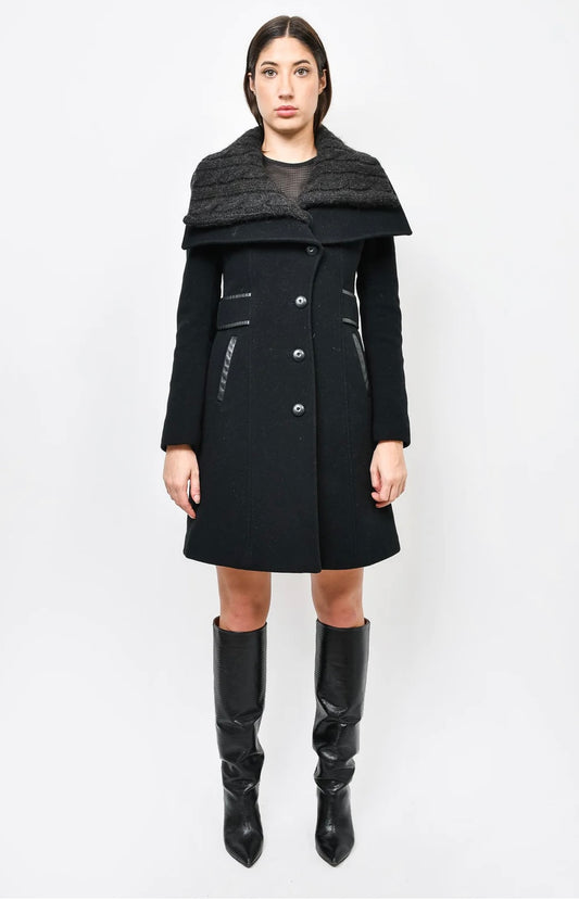 Mackage Black Wool/Cashmere Peacoat with Detachable Cable Knit Collar