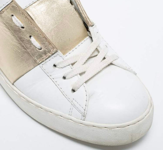 Valentino White/Gold Leather Rockstud Low Top Sneakers
