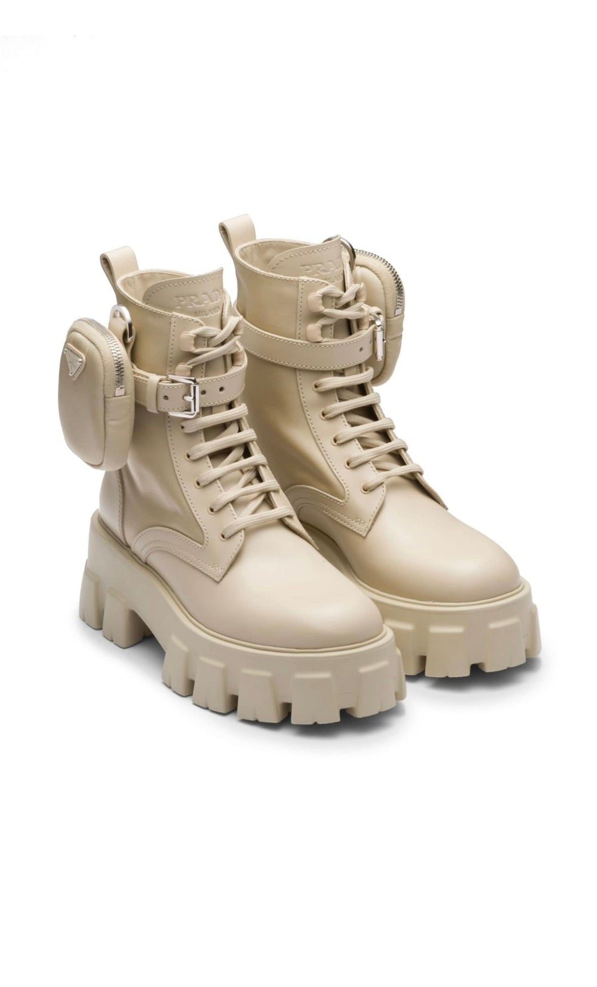 Pre-loved Prada Re-Nylon Beige Leather Combat Boots