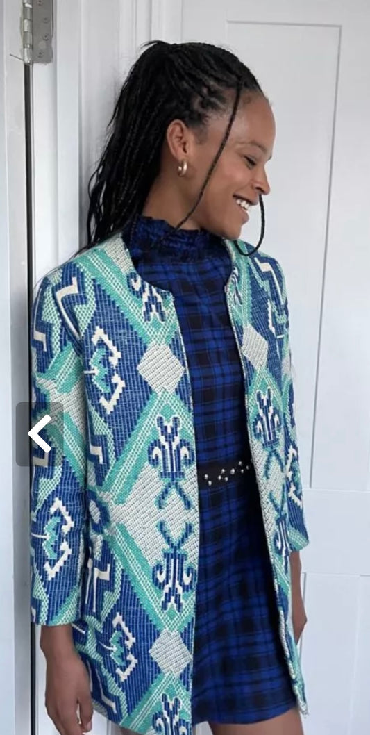 Maje green and blue jacquard coat