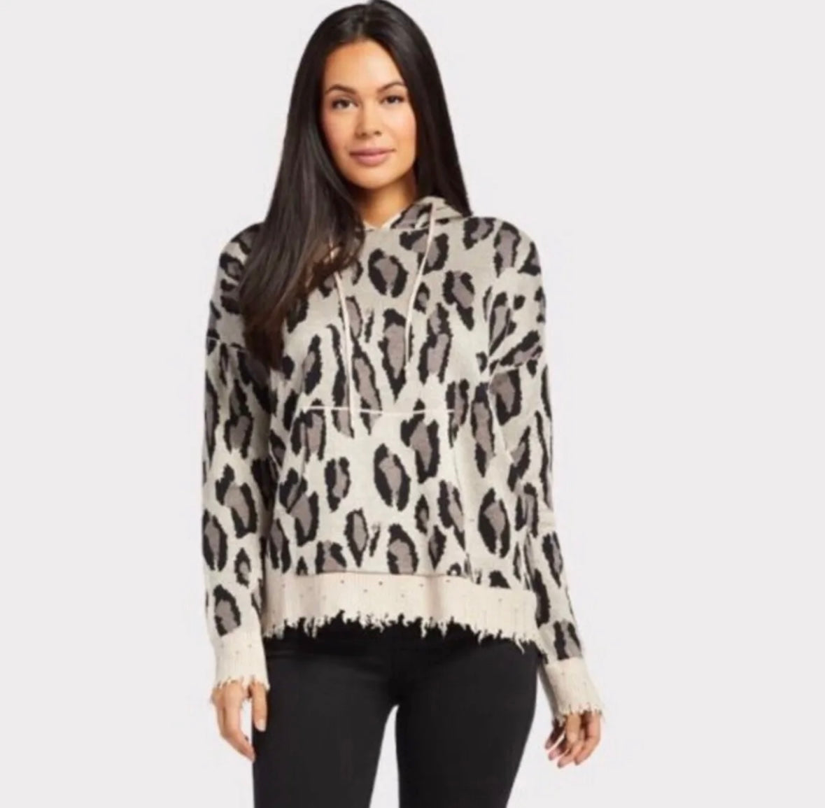 FATE- Liza Leopard Distressed Hoodie Sweater