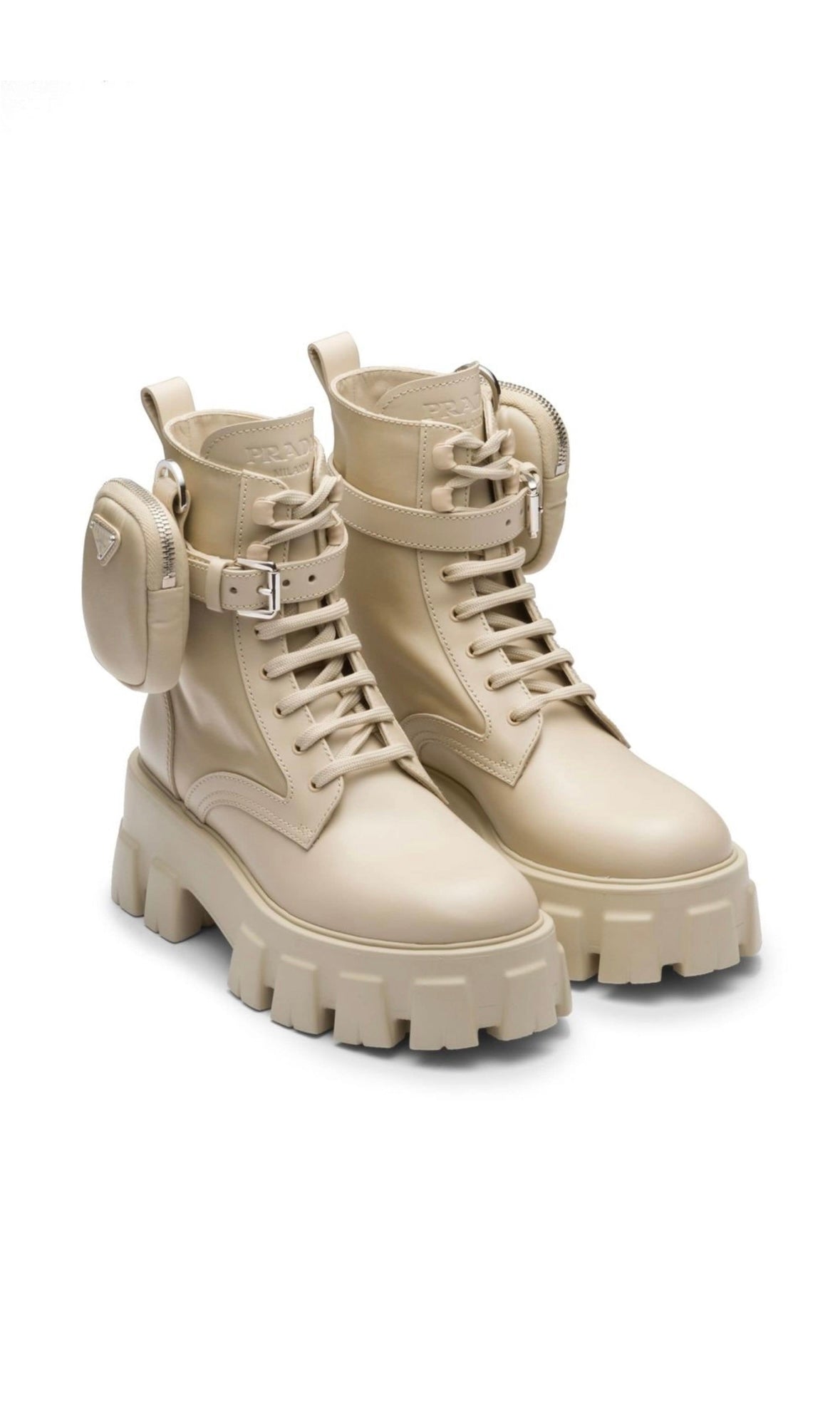 Pre-loved Prada Re-Nylon Beige Leather Combat Boots