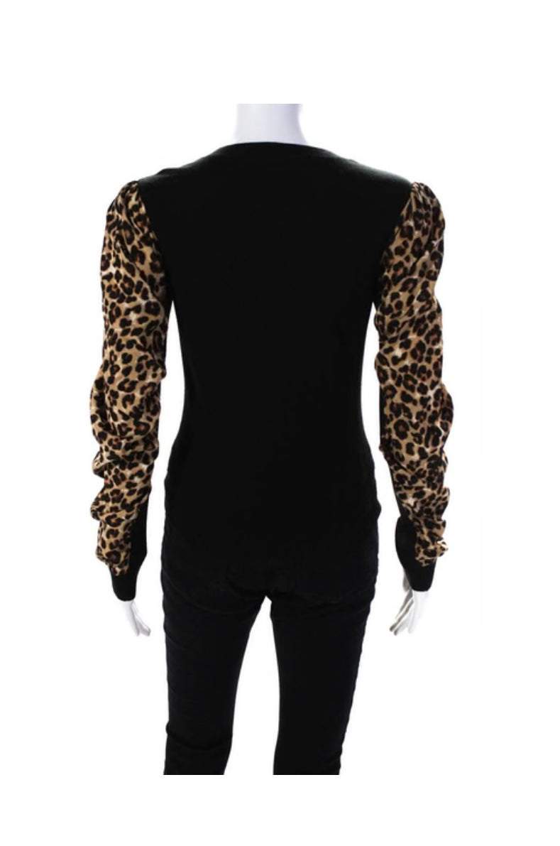 Veronica Beard - Leopard Print Silk Sleeve Crew Neck Sweater