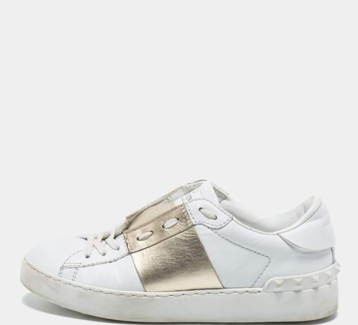 Valentino White/Gold Leather Rockstud Low Top Sneakers