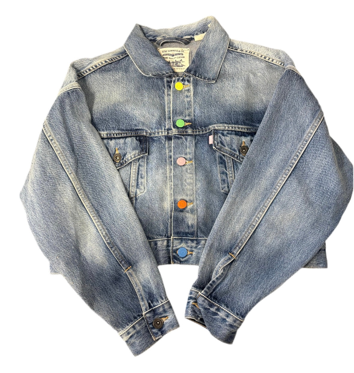 LEVI'S cropped denim jacket with multi colour buttons and pink tag on back