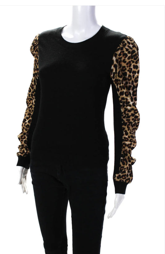 Veronica Beard - Leopard Print Silk Sleeve Crew Neck Sweater