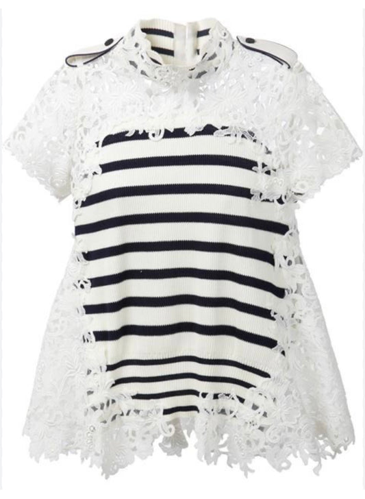 Sacai - Striped And Lace Knit Top