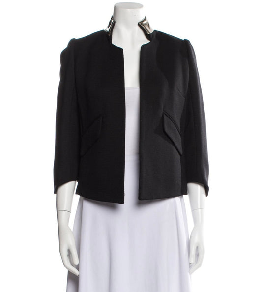 Smythe - Open Front Crop Blazer virgin wool with gold leather collar
