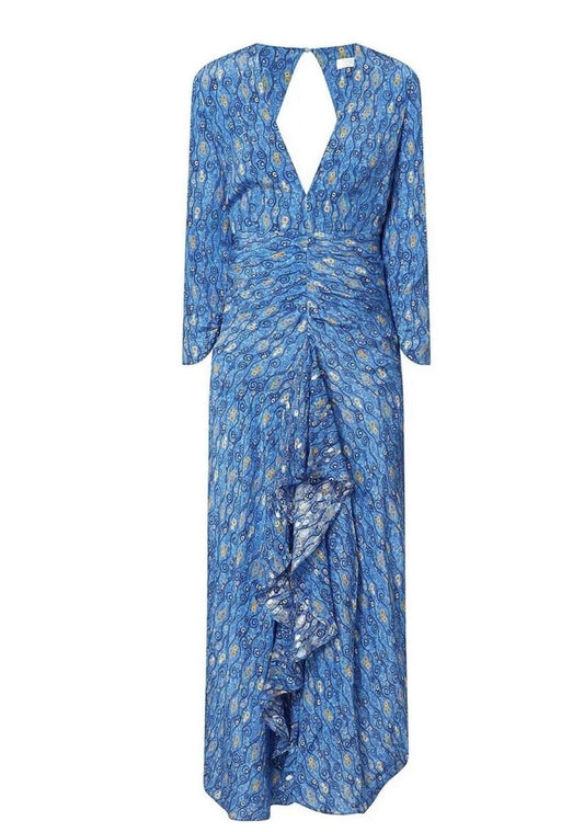 RIXO blue metallic feather print dress