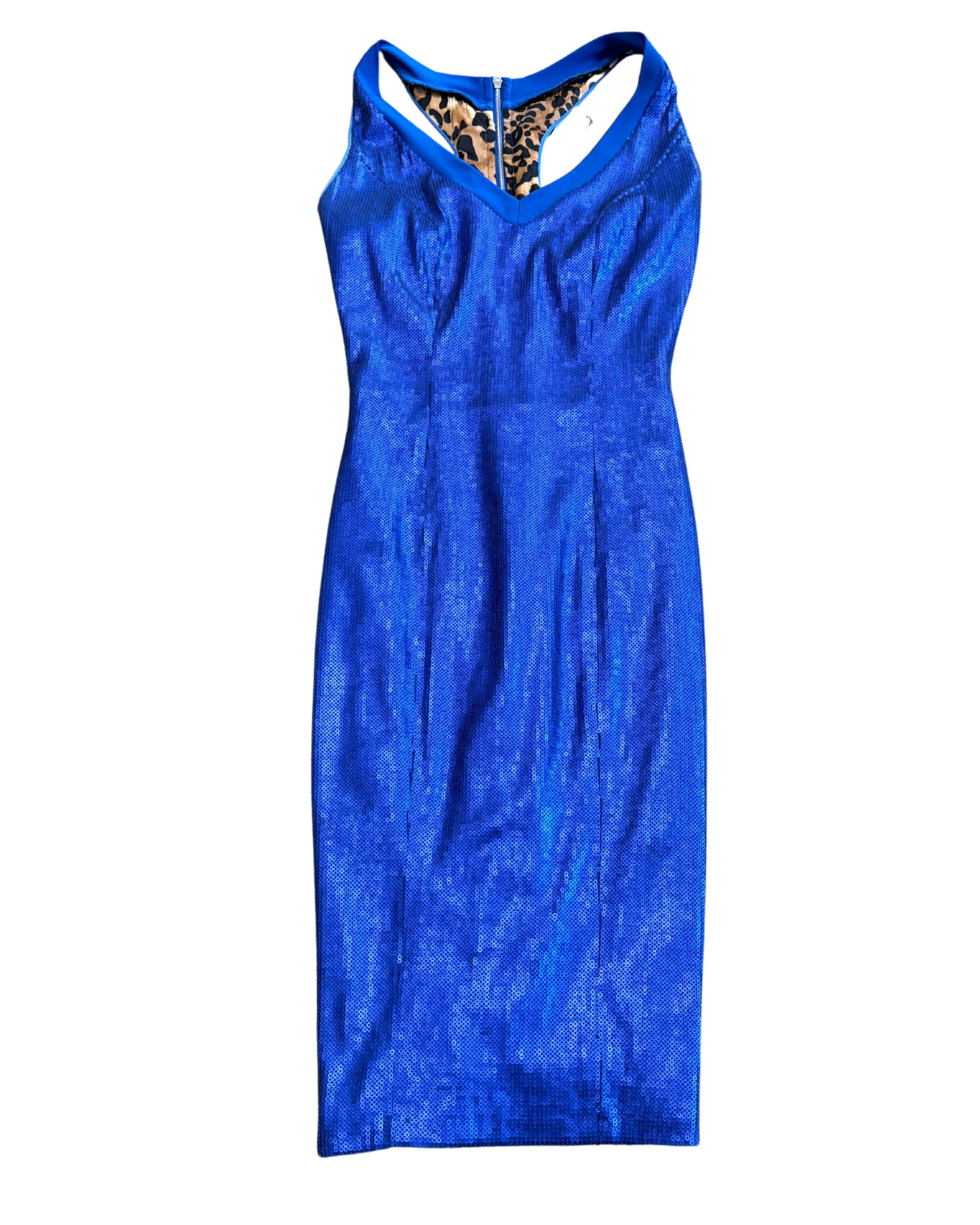 TWENTY CLUNY blue sequin mini dress with leopard lining