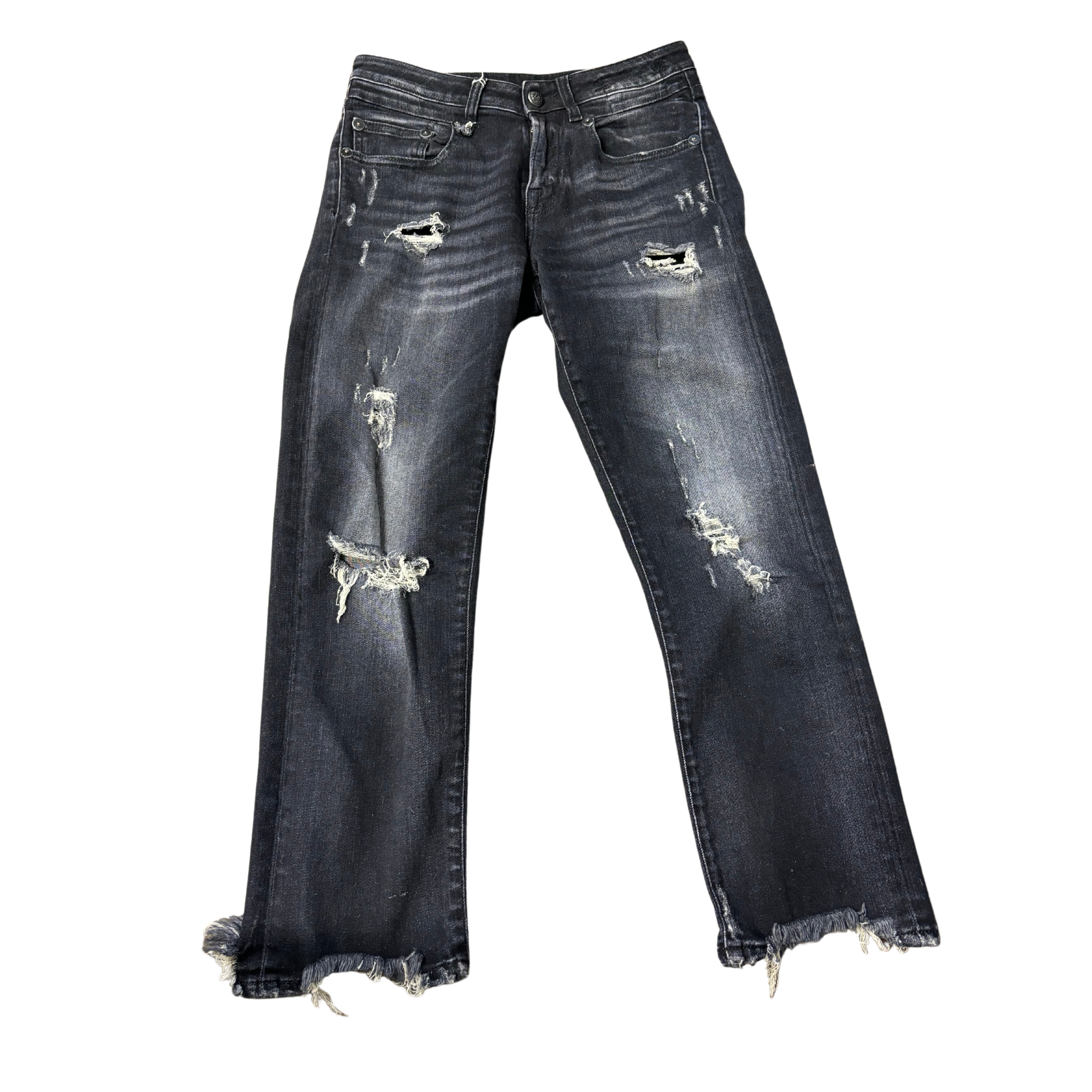 R13 dark wash straight boy ripped jeans