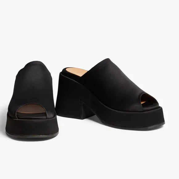 GANNI black satin platform slides