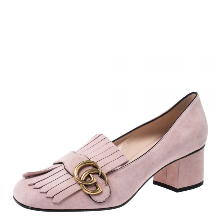 GUCCI marmont pink suede heel fringe pumps