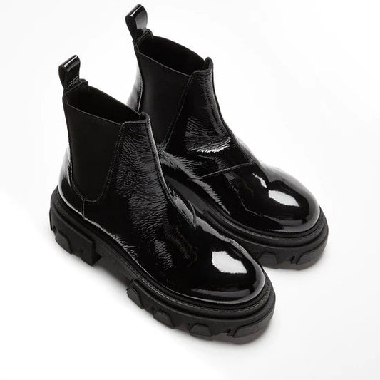 SISTER X SOEUR black patent leather chunky chelsea boots