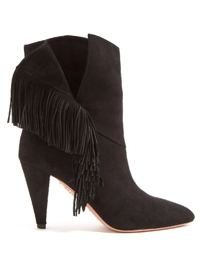 AQUAZZURA black suede wild fringe bootie