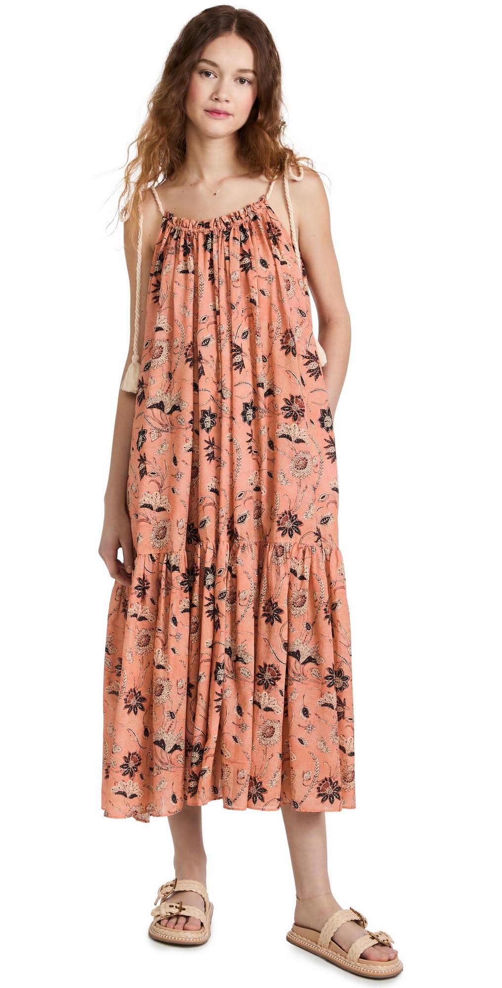 ULLA JOHNSON orange floral print smock maxi dress with rope straps