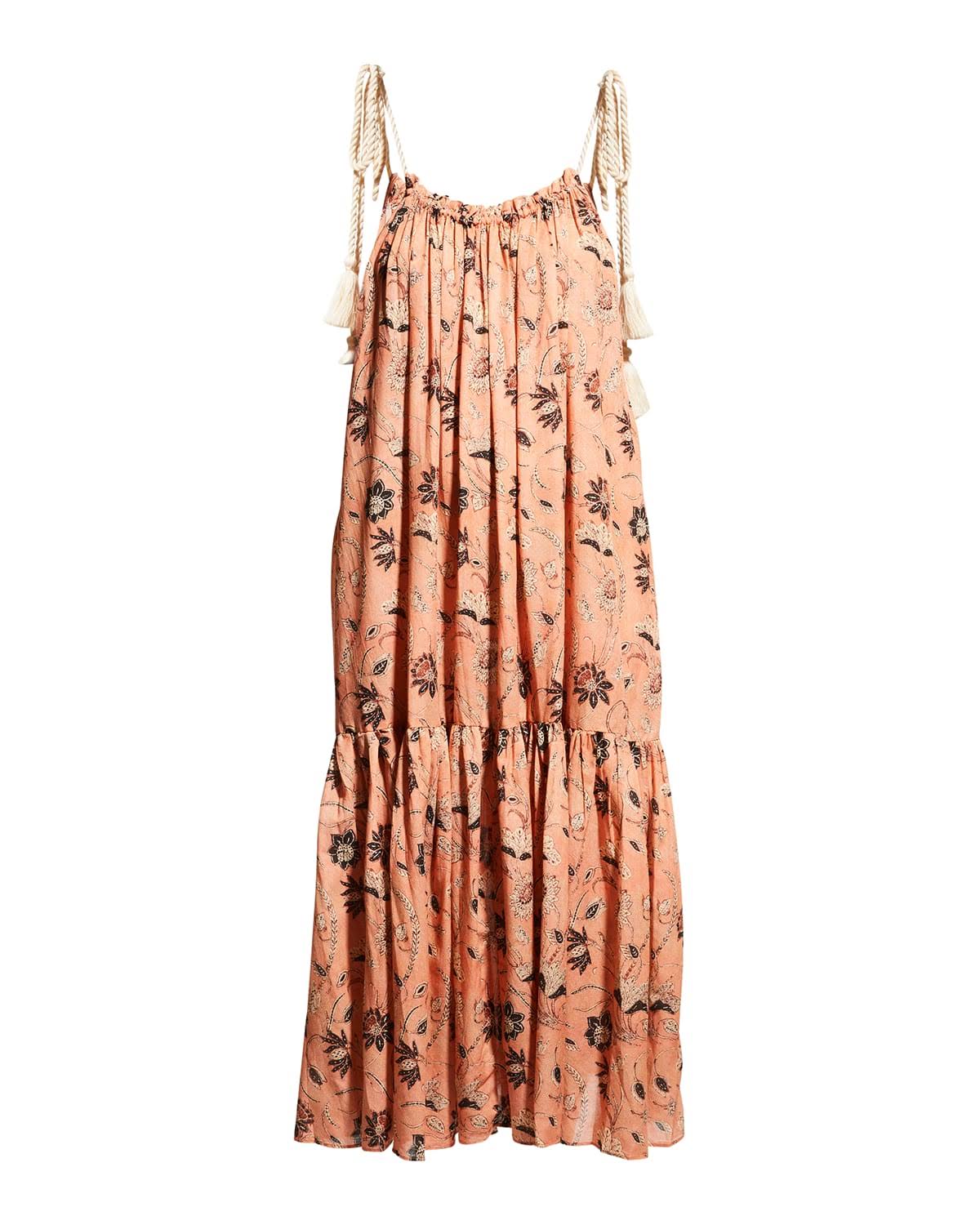 ULLA JOHNSON orange floral print smock maxi dress with rope straps