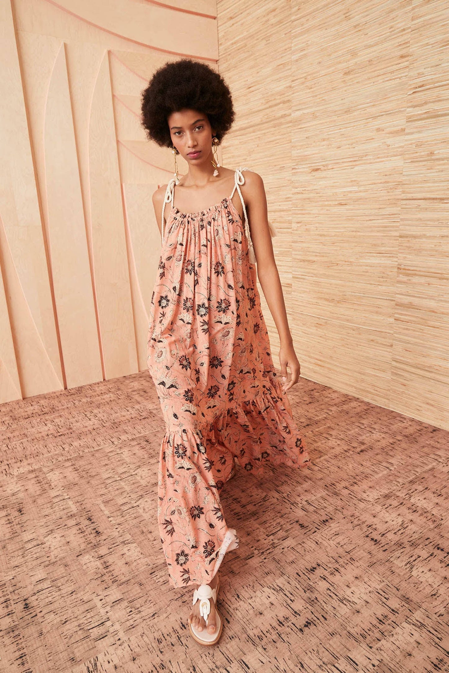 ULLA JOHNSON orange floral print smock maxi dress with rope straps