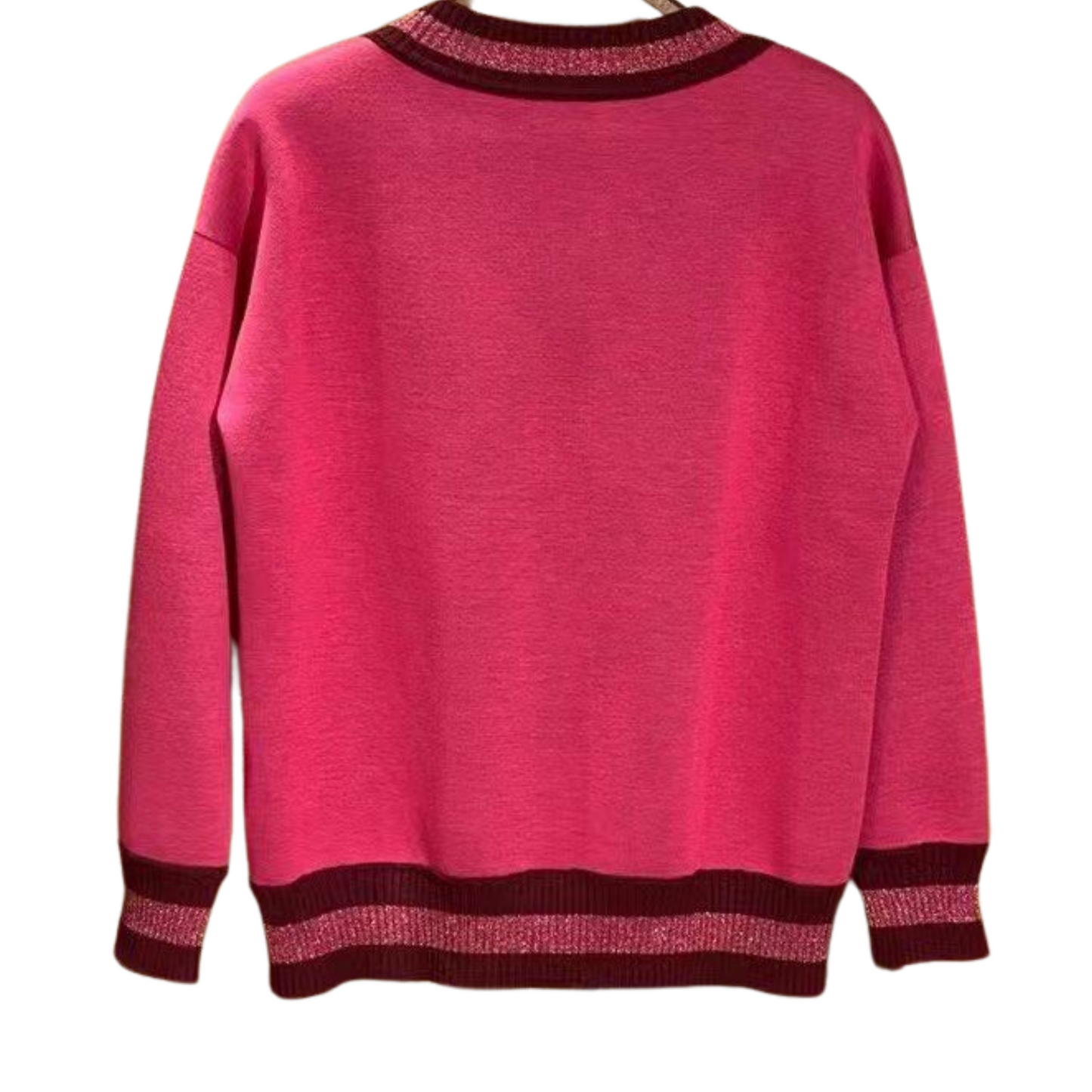 MONCLER hot pink short sleeve sweater with glitter collar