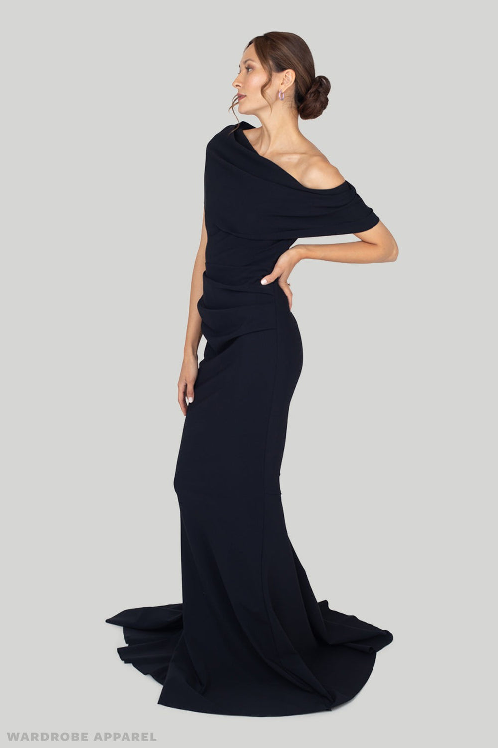 GRETA CONSTANTINE navy blue off shoulder gown