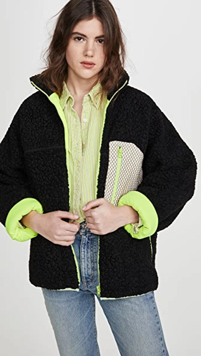 SANDY LIANG black sherpa neon green coat