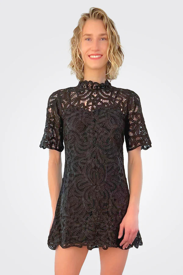 SEA NEW YORK black lace short sleeve mini dress with slip