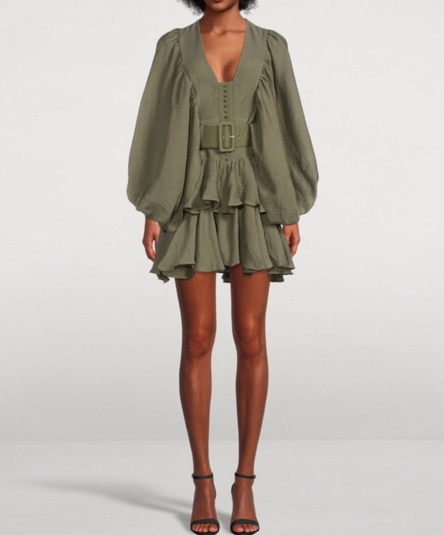SHONA JOY  green ruffle dress with belt
