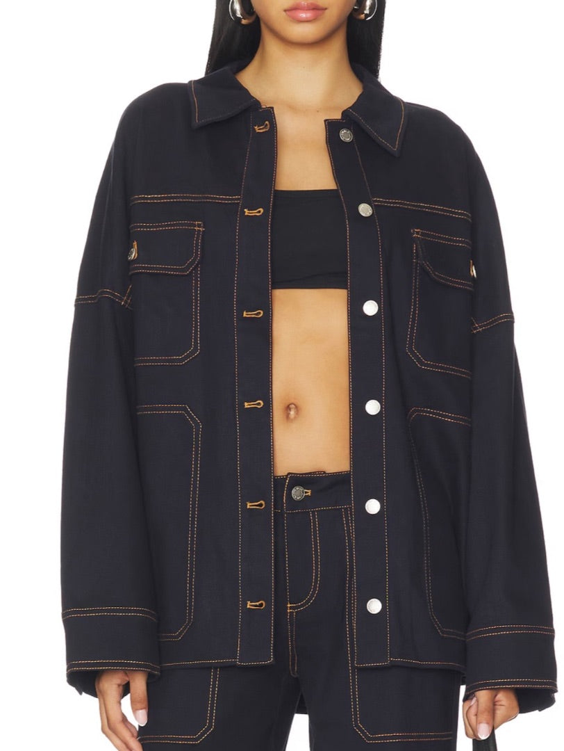 BY.DYLN dark denim jacket with light brown stitching