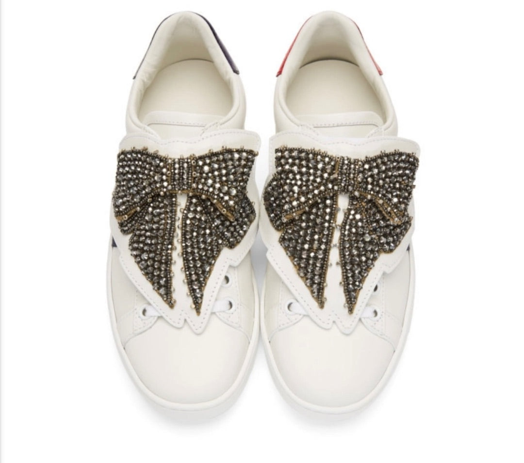 Gucci White Crystal Bow Ace Sneakers