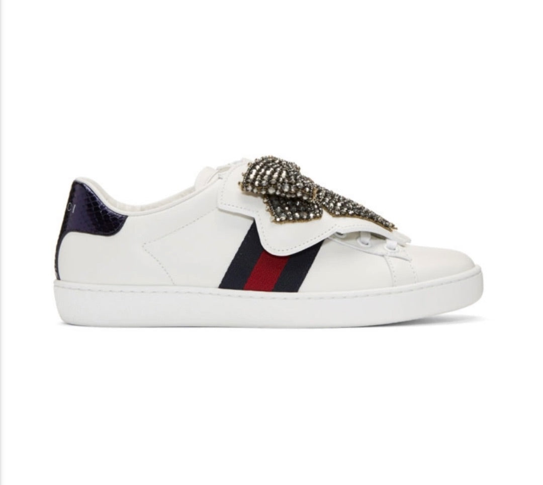 Gucci White Crystal Bow Ace Sneakers