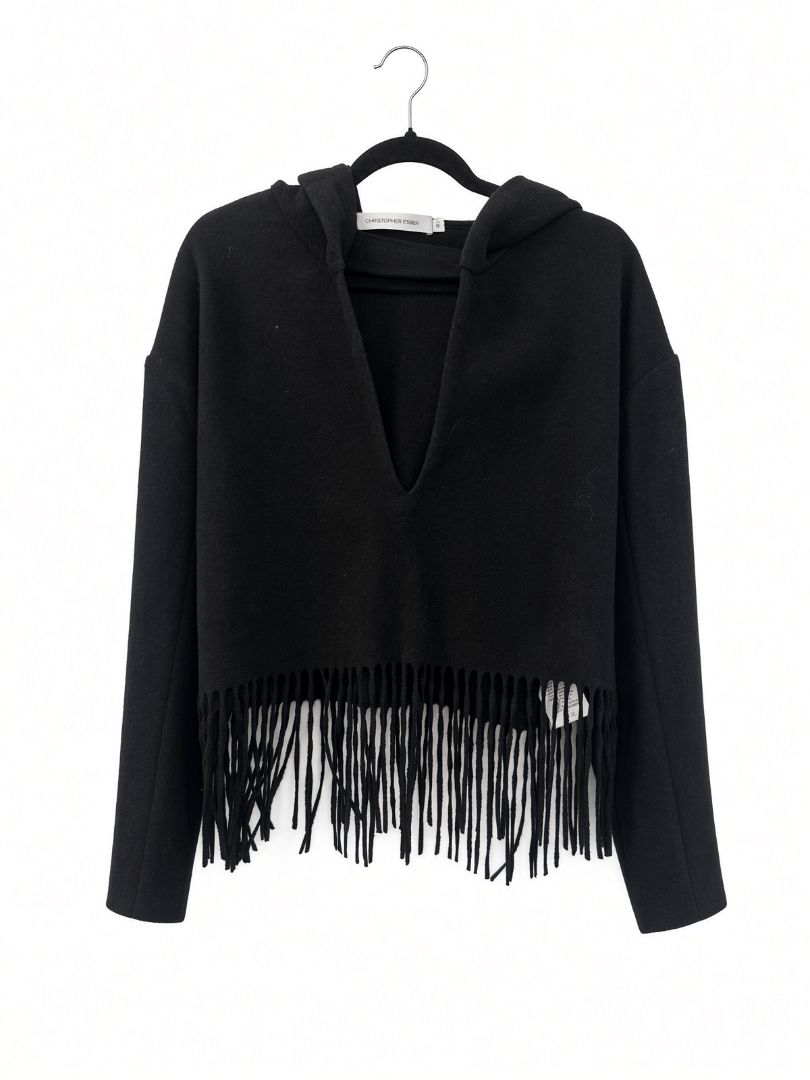 Christopher Esber Black Knit Fringe Crop Hooded Sweater