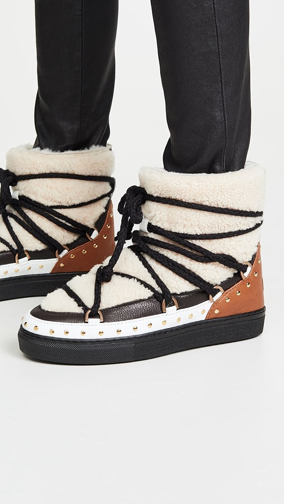 INUIKII brown, white, cream boots with sherpa and gold studs