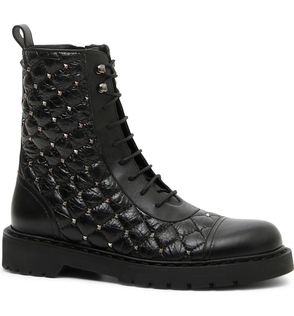 Valentino -  Quilted Leather Rockstud Combat Boots
