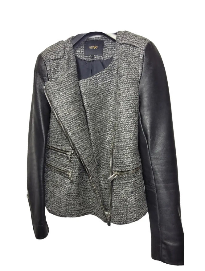 MAJE - TWEED JACKET WITH LEATHER SLEEVES