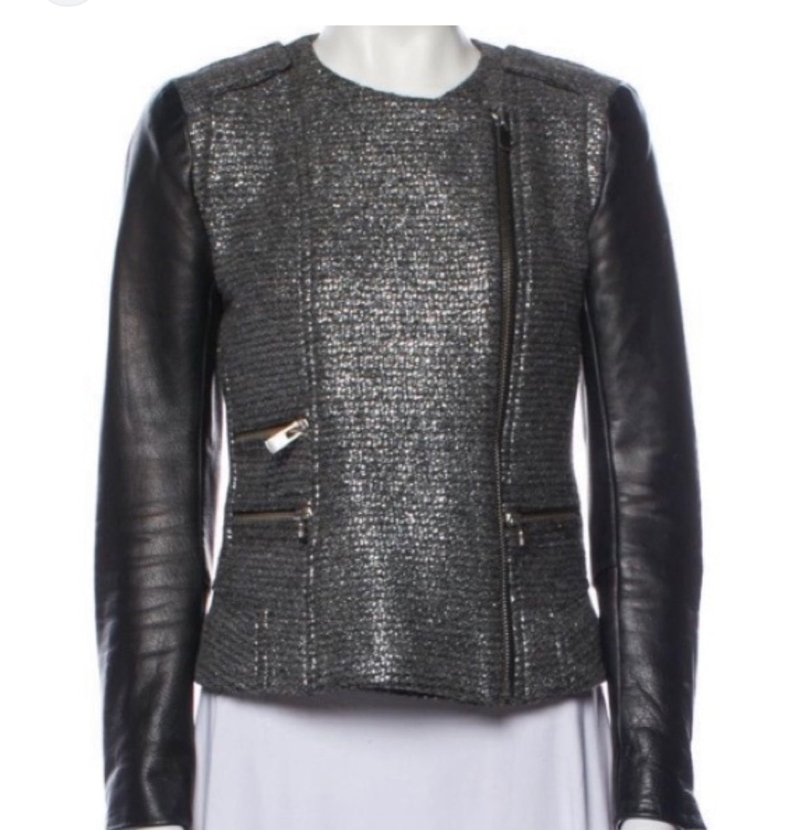 MAJE - TWEED JACKET WITH LEATHER SLEEVES