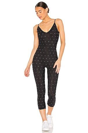 ADAM SELMAN SPORT black, crystal nylon, spandex capri catsuit