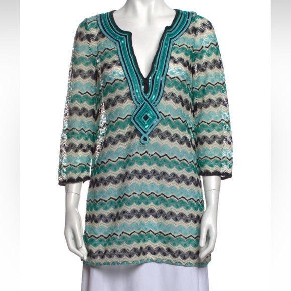CALYPSO ST BARTH blue green beige crochet beach cover up w sequin collar