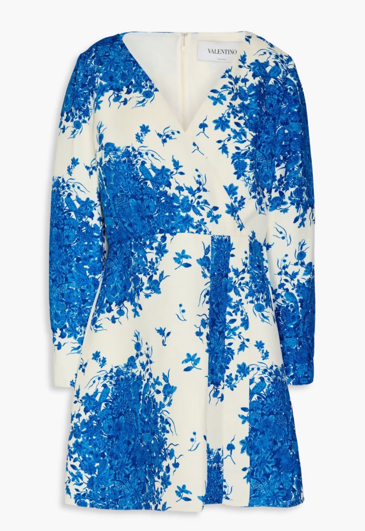 Valentino - Wrap-effect floral print wool and silk blend crepe mini dress
