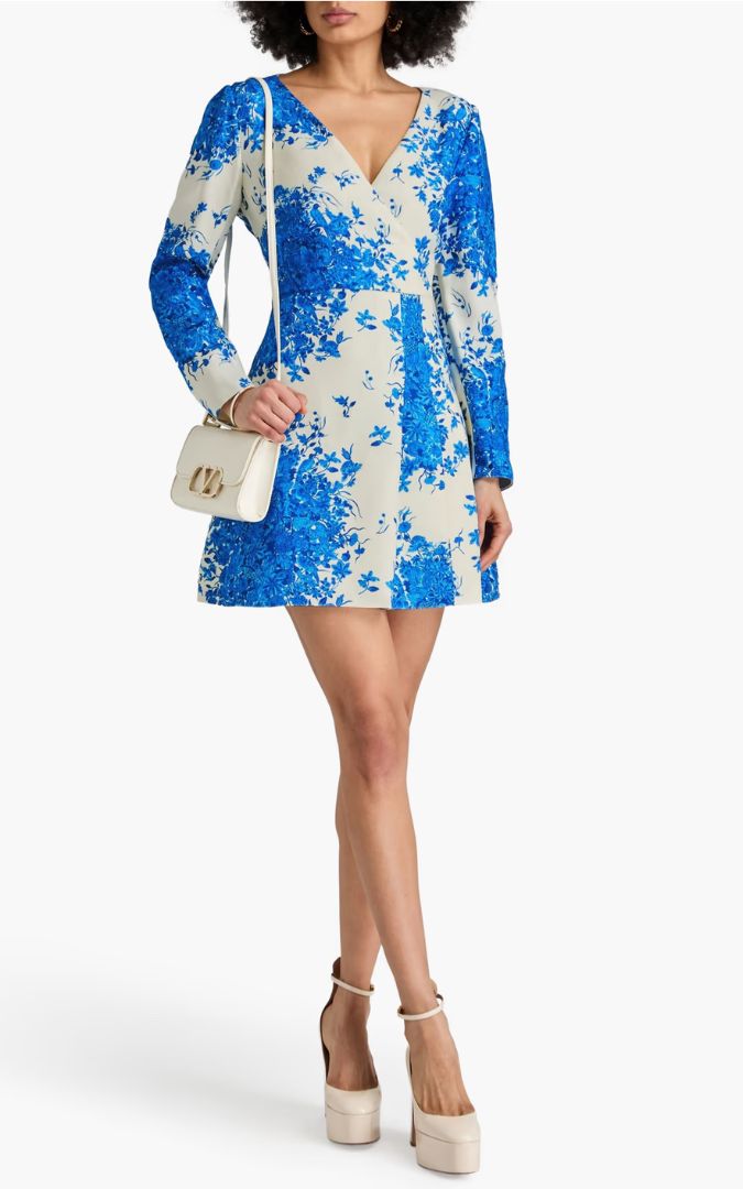 Valentino - Wrap-effect floral print wool and silk blend crepe mini dress