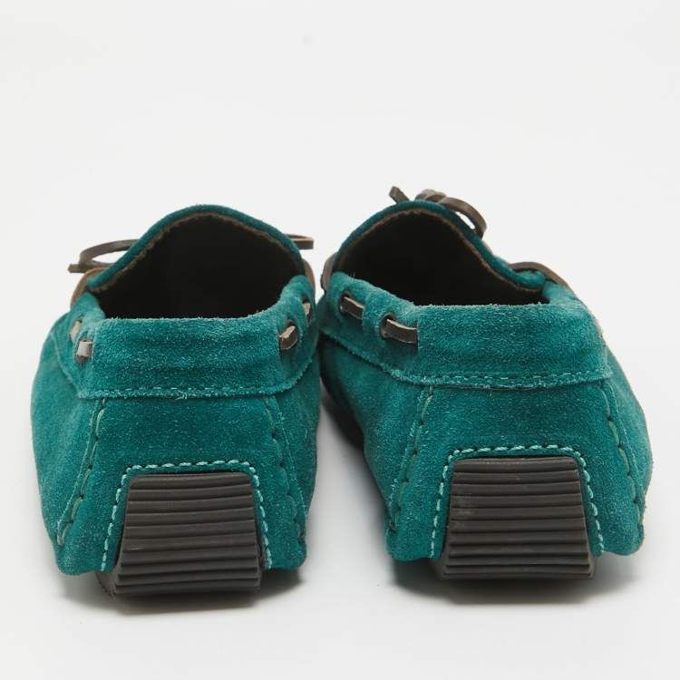 BOTTEGA VENETA green suede intrecciato bow loafers
