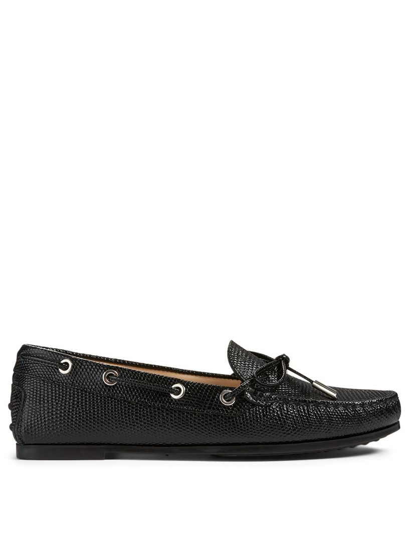 TODS patent black croc boat style shoes