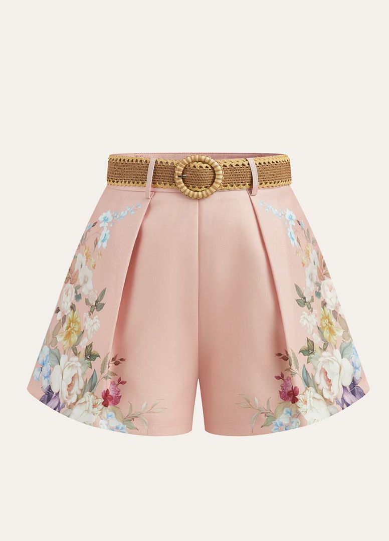 COMMENSE - Floral Printed Belted Mid-Waist Shorts