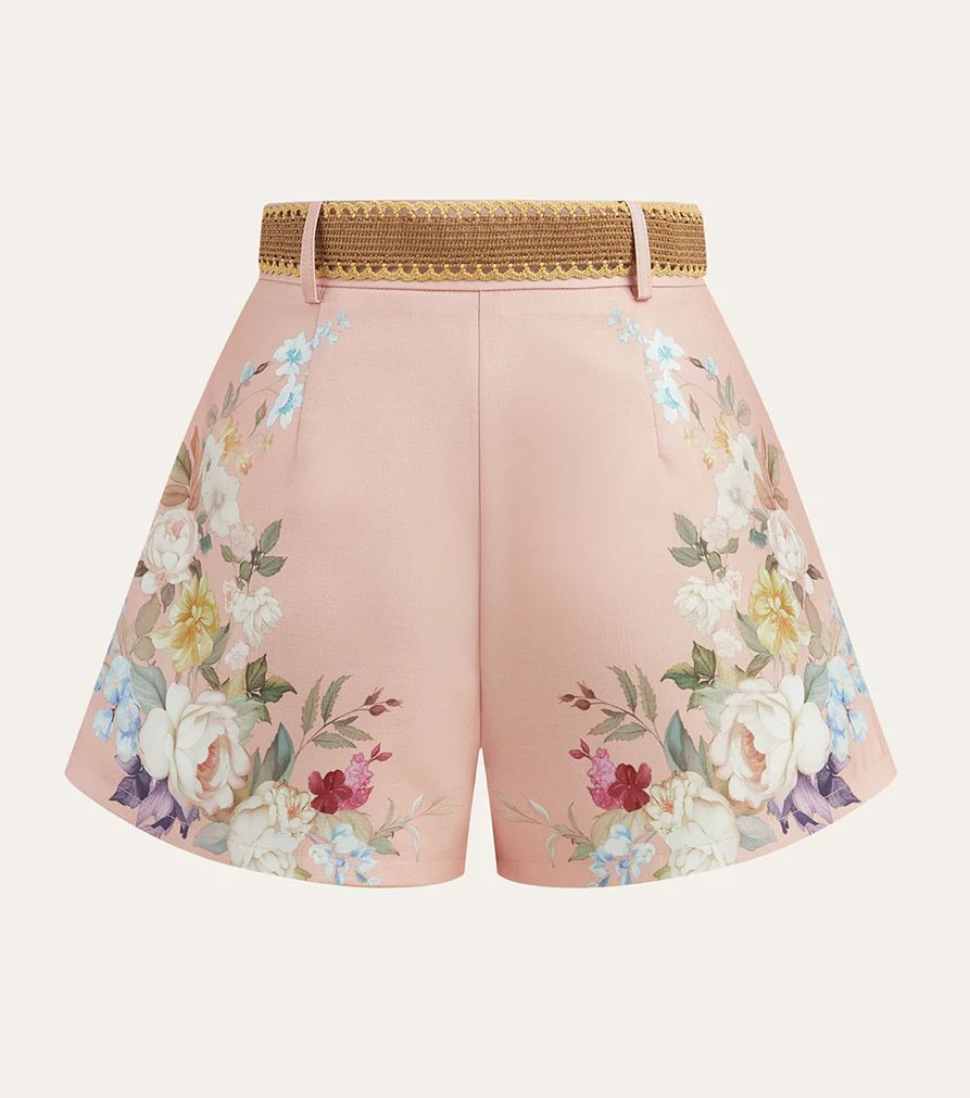 COMMENSE - Floral Printed Belted Mid-Waist Shorts