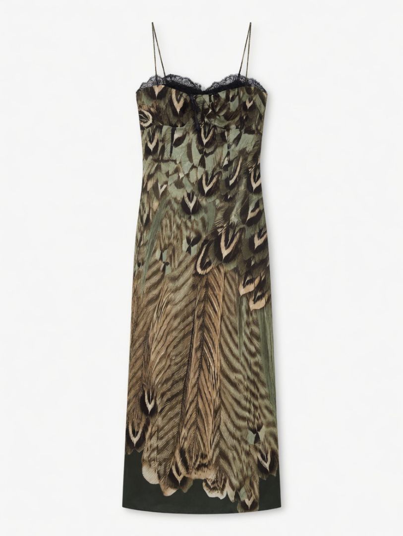 Roberto Cavali Slip Gown Green Dress with Feather Print and Lace