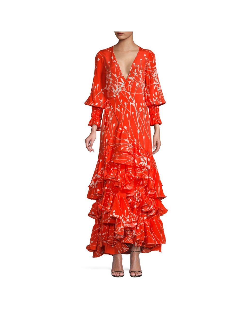 ALEXIS burnt orange with floral print long sleeve wrap dress