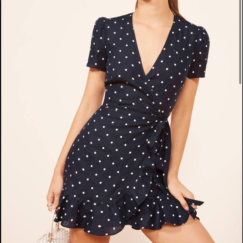 REFORMATION navy polka dot wrap dress