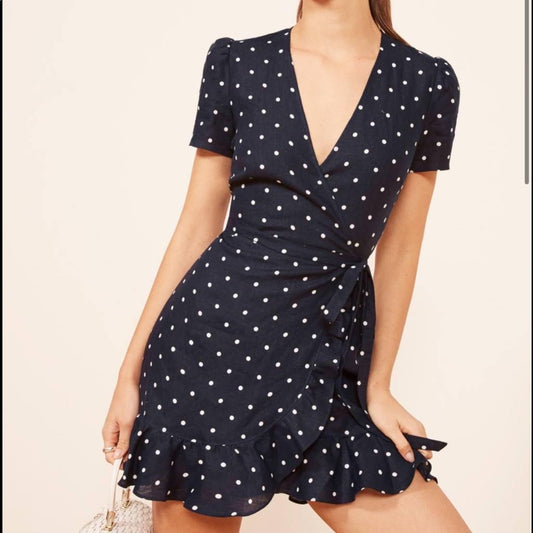 REFORMATION navy polka dot wrap dress