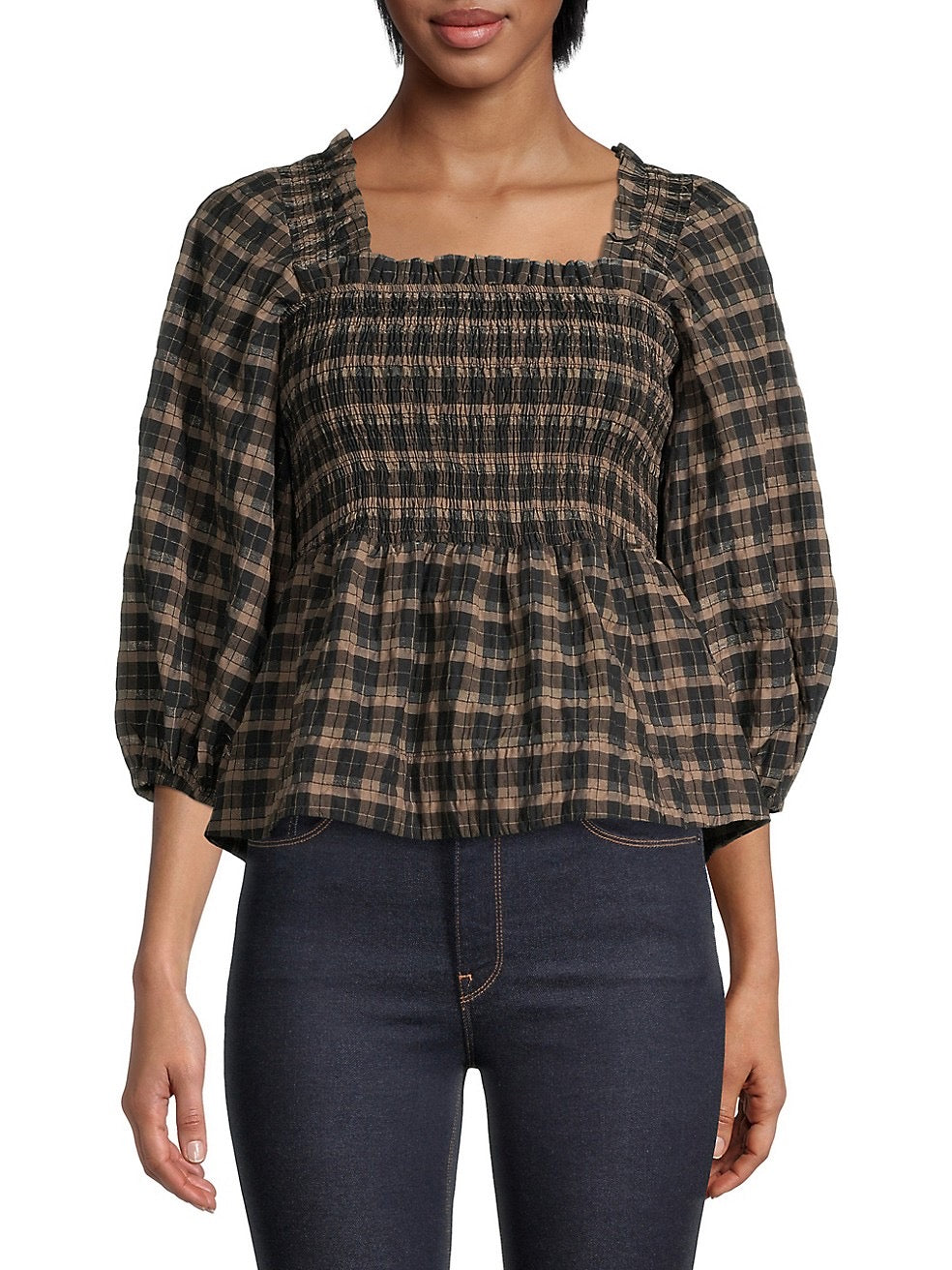 GANNI checked puff sleeve checked blouse