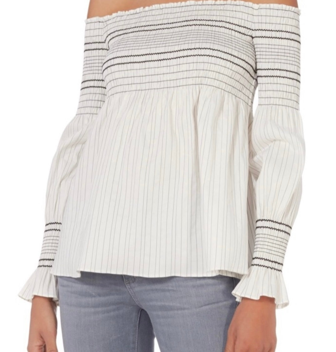 INTERMIX off the shoulder white with black stripes